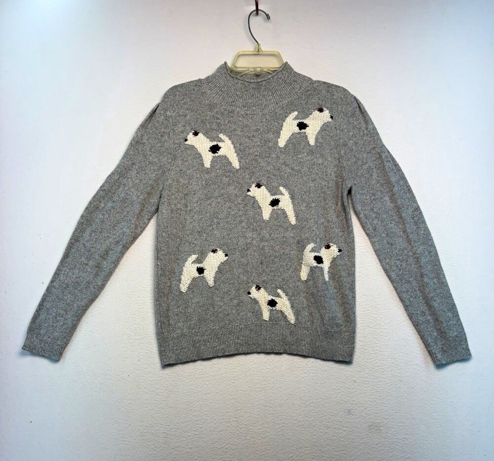 LOFT Women's Gray Dog Print Mock Neck Puff Sleeve Knit Sweater Size L